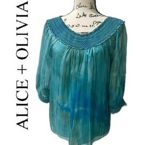 ALICE+OLIVIA BLOUSE OVERSIZED TEAL TIE DYE‎ OFF SHOULDER BOHO CHIC HIPPIE Sz XS